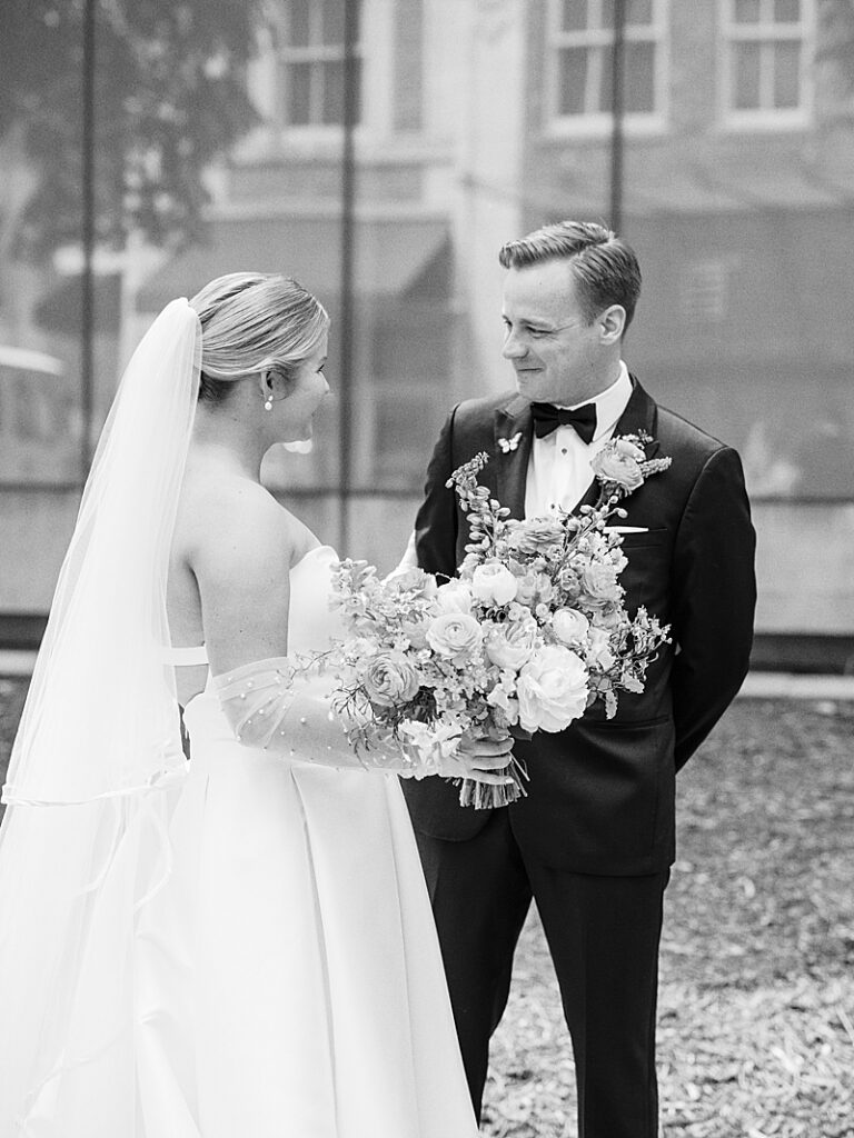 Bride and Groom first look in downtown Des Moines wedding