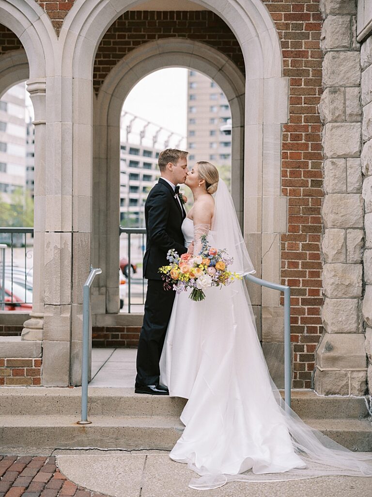 Bride and Groom at St. Ambrose Cathedral in Des Moines