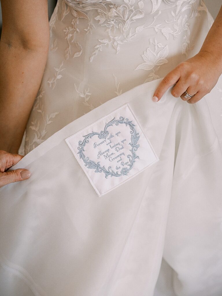 Embroidered detail on bride's dress